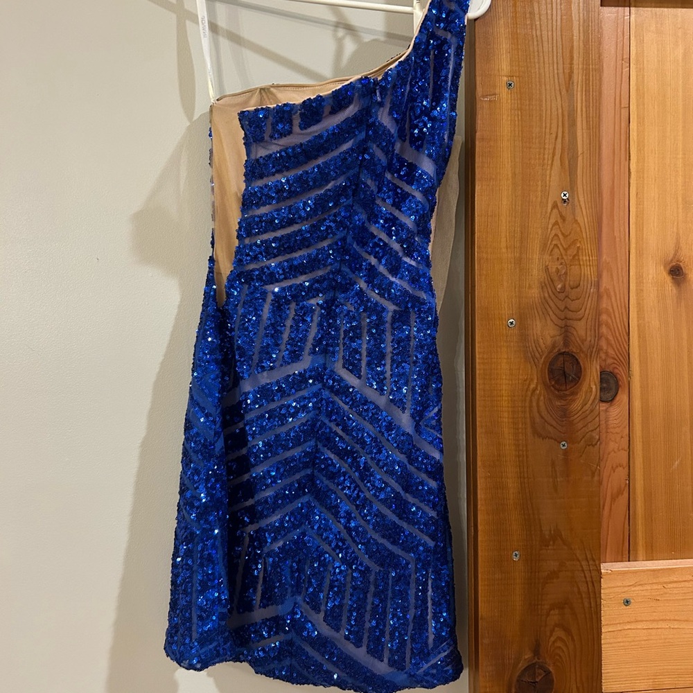 Jovani Royal Blue One-Shoulder Sequin Homecoming Dress - Picture 4 of 4